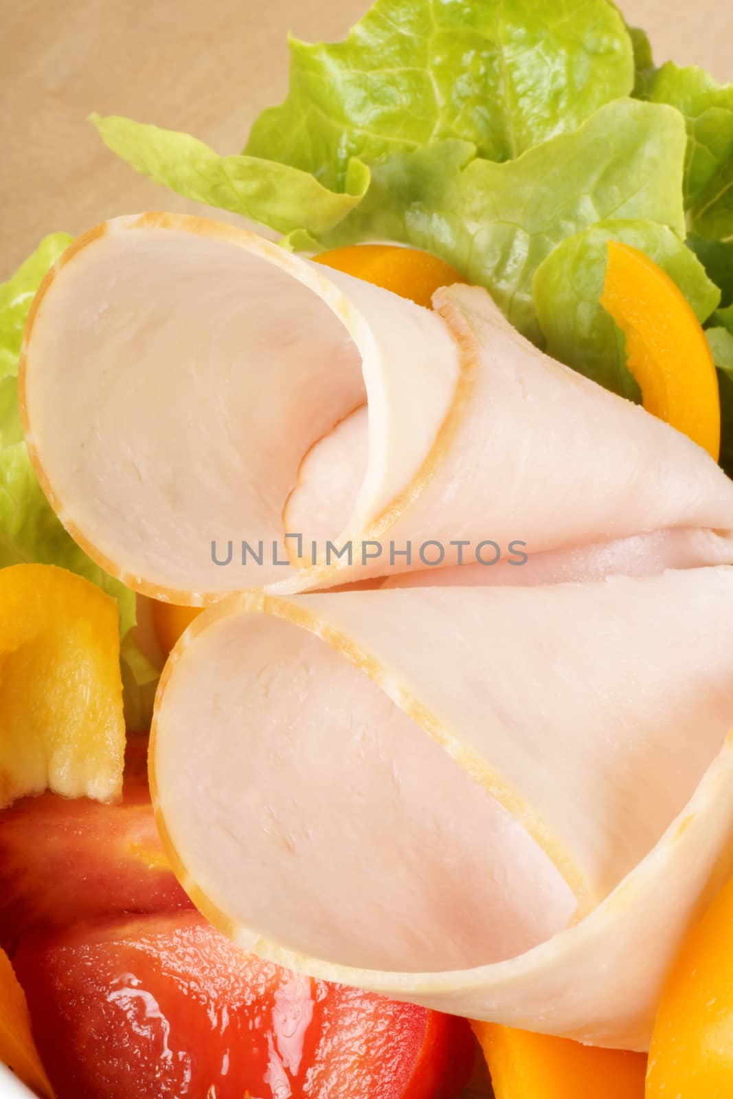 Close-up of an healthy mixed salad with roast turkey, lettuce, tomatoes and bell peppers.