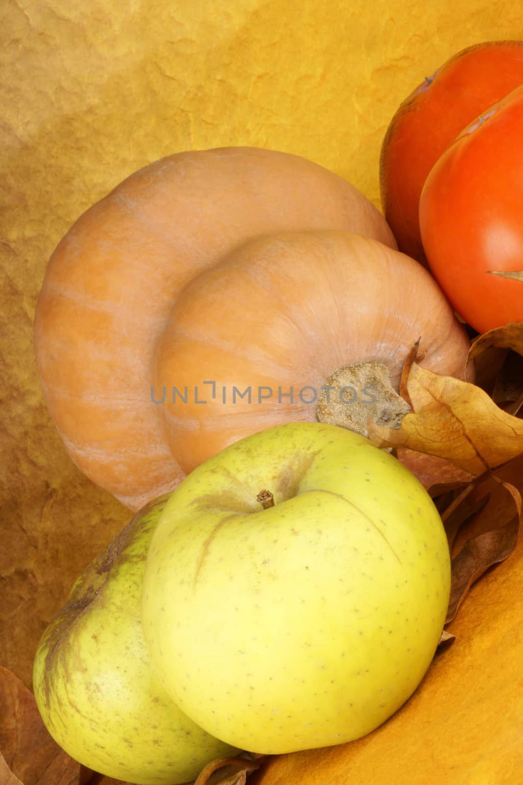 Autumn still life composition with pumpkin, apples and persimmon fruits over sycamore leaves.