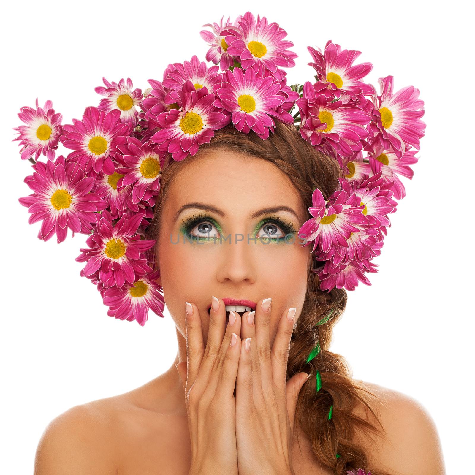 Beautiful young caucasian woman with flowers in hair isolated over white background