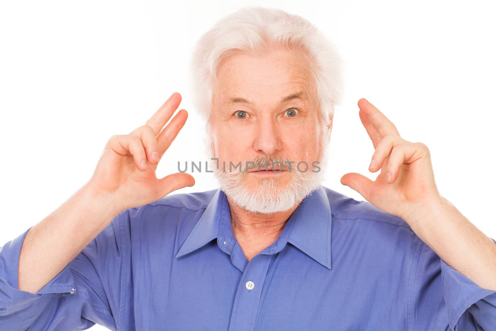 Handsome elderly man with gray beard has an idea isolated over white background