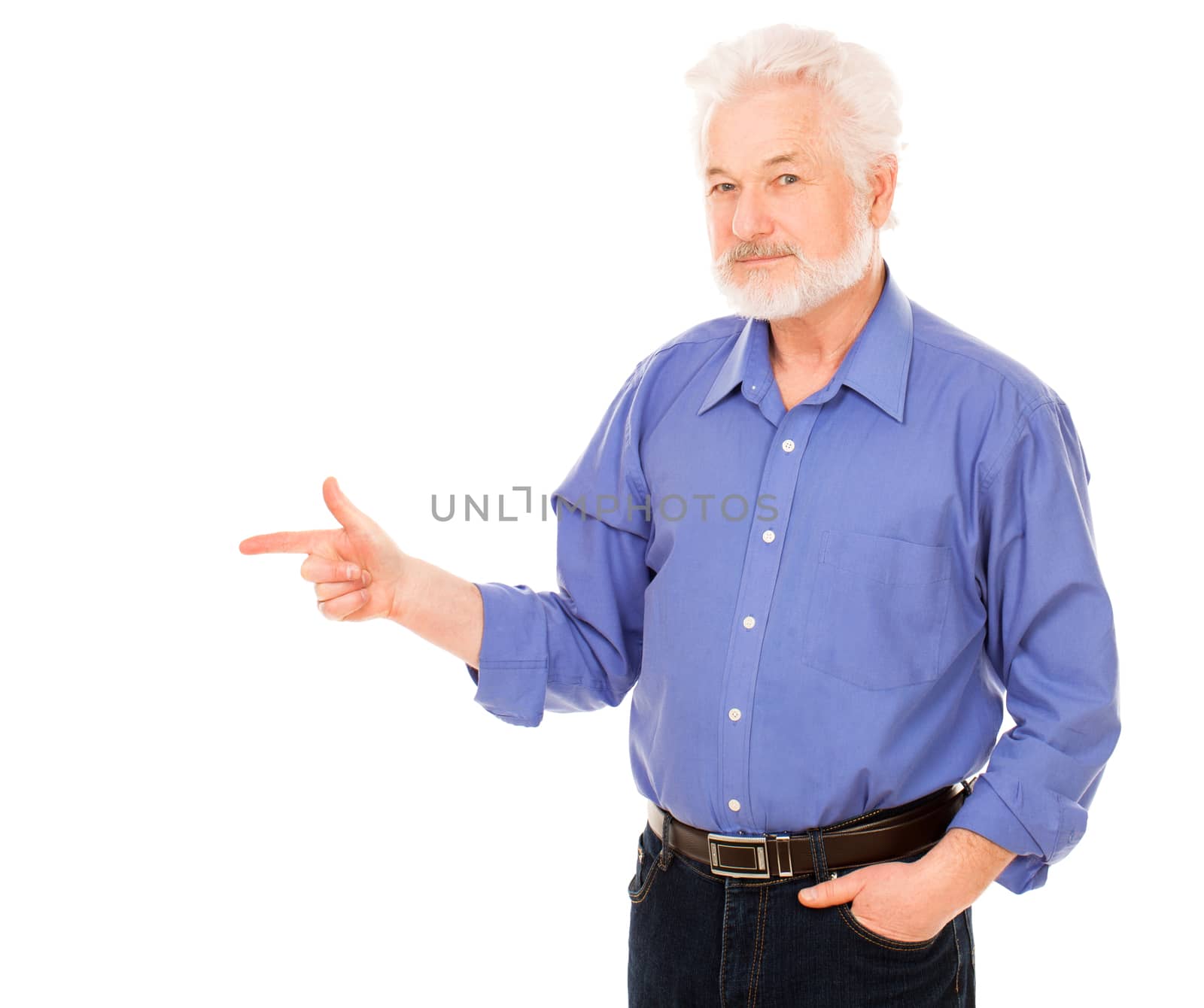 Handsome elderly man with gray beard shows on something isolated over white background