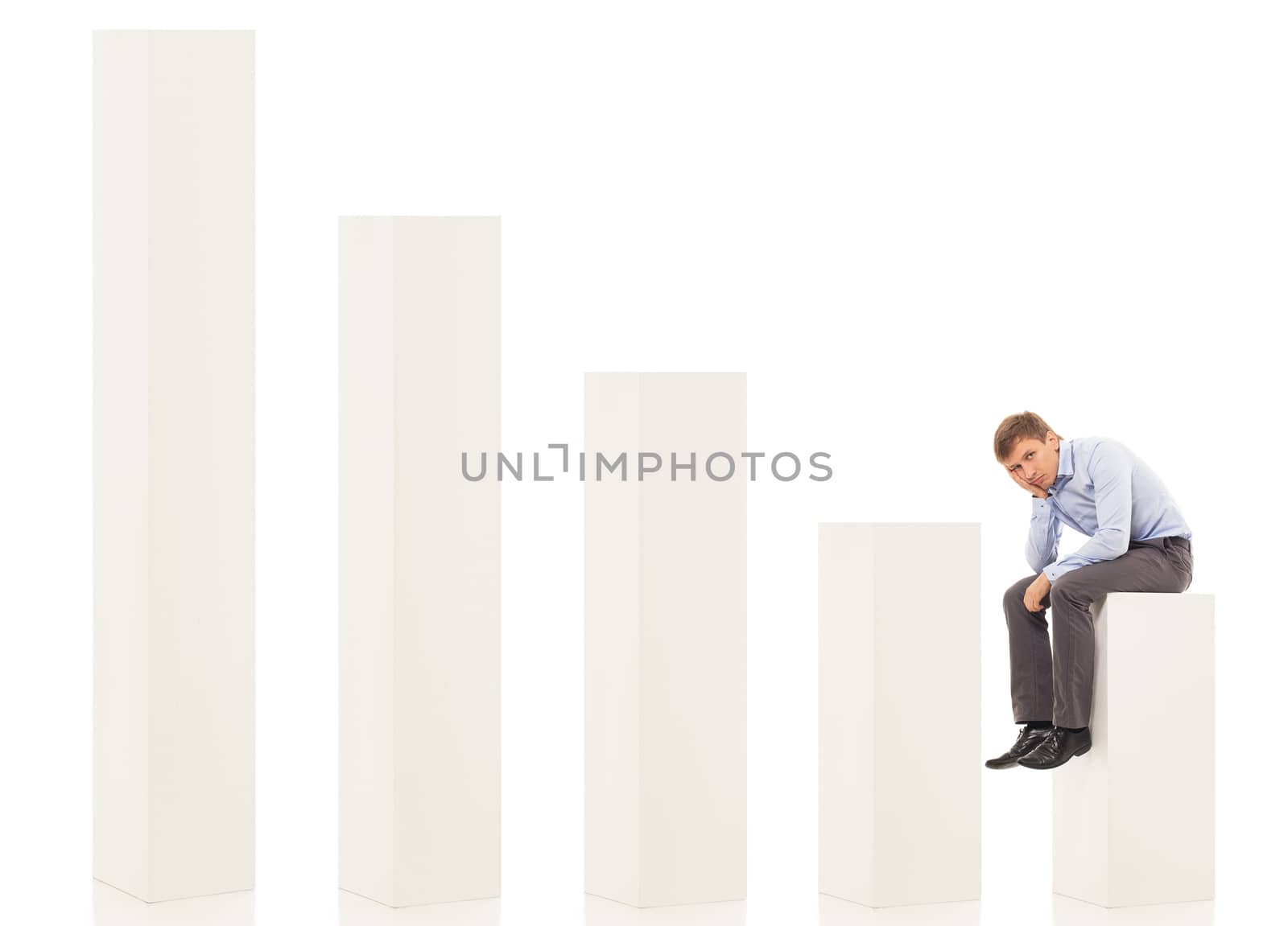 Handsome man in blue shirt and trousers sitting at the bottom of a diagram over a white background