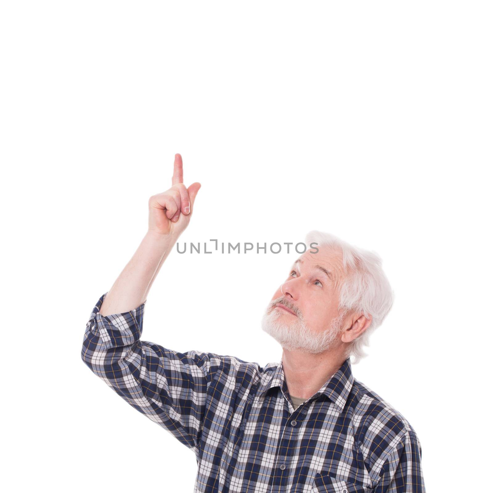 Handsome elderly man with grey beard shows on something isolated over white background