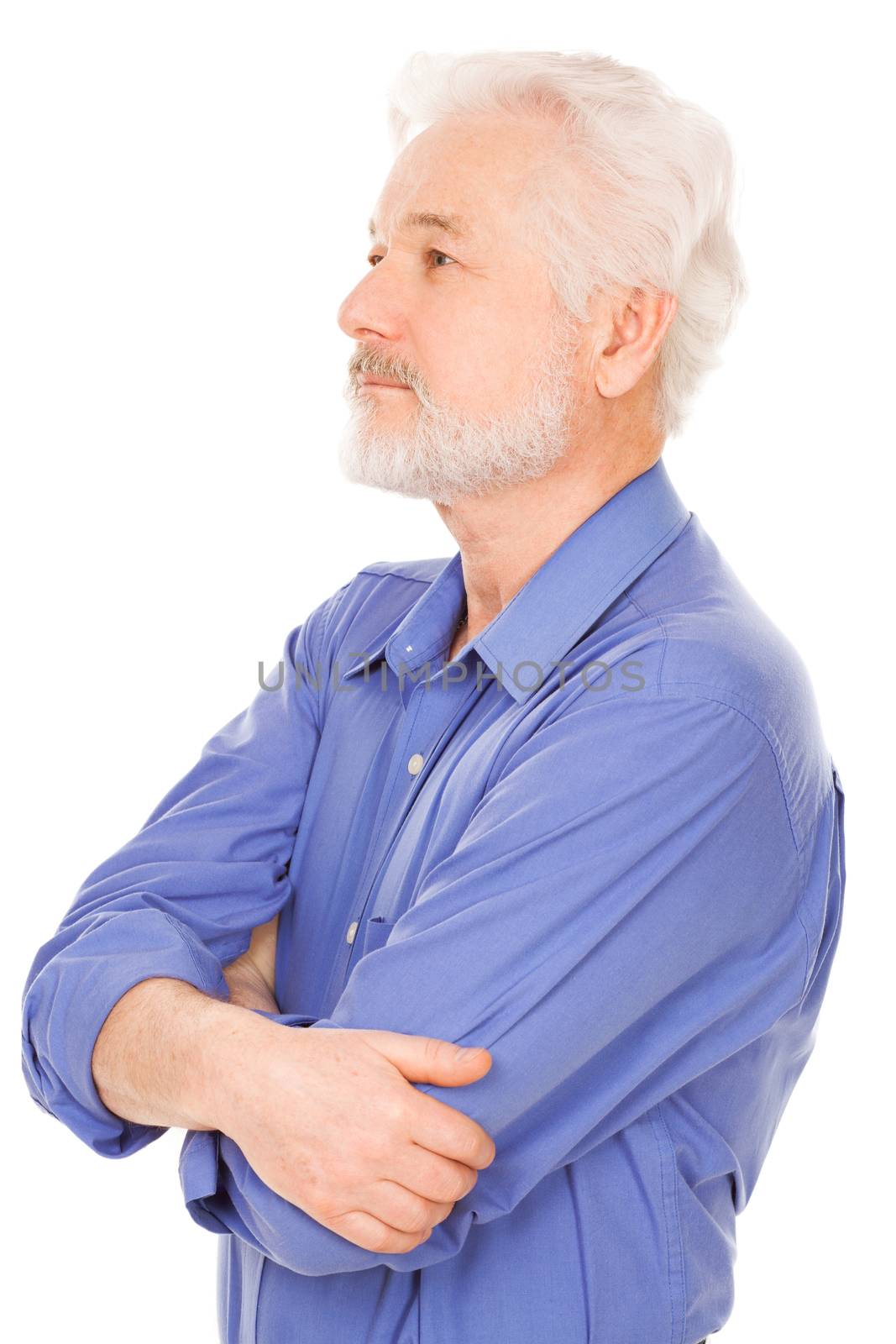 Portrait of handsome elderly man with beard on a white background