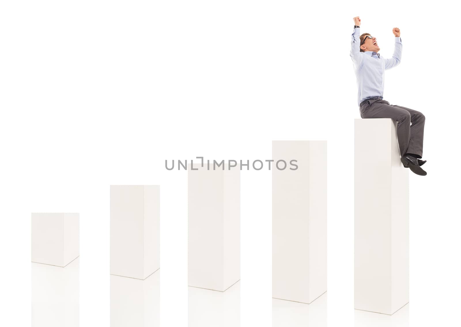 Handsome man in blue shirt and trousers sitting on top of a diagram over a white background