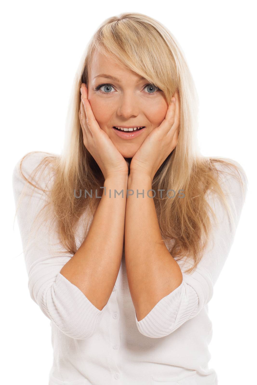 Young attractive woman surprised isolated over white background
