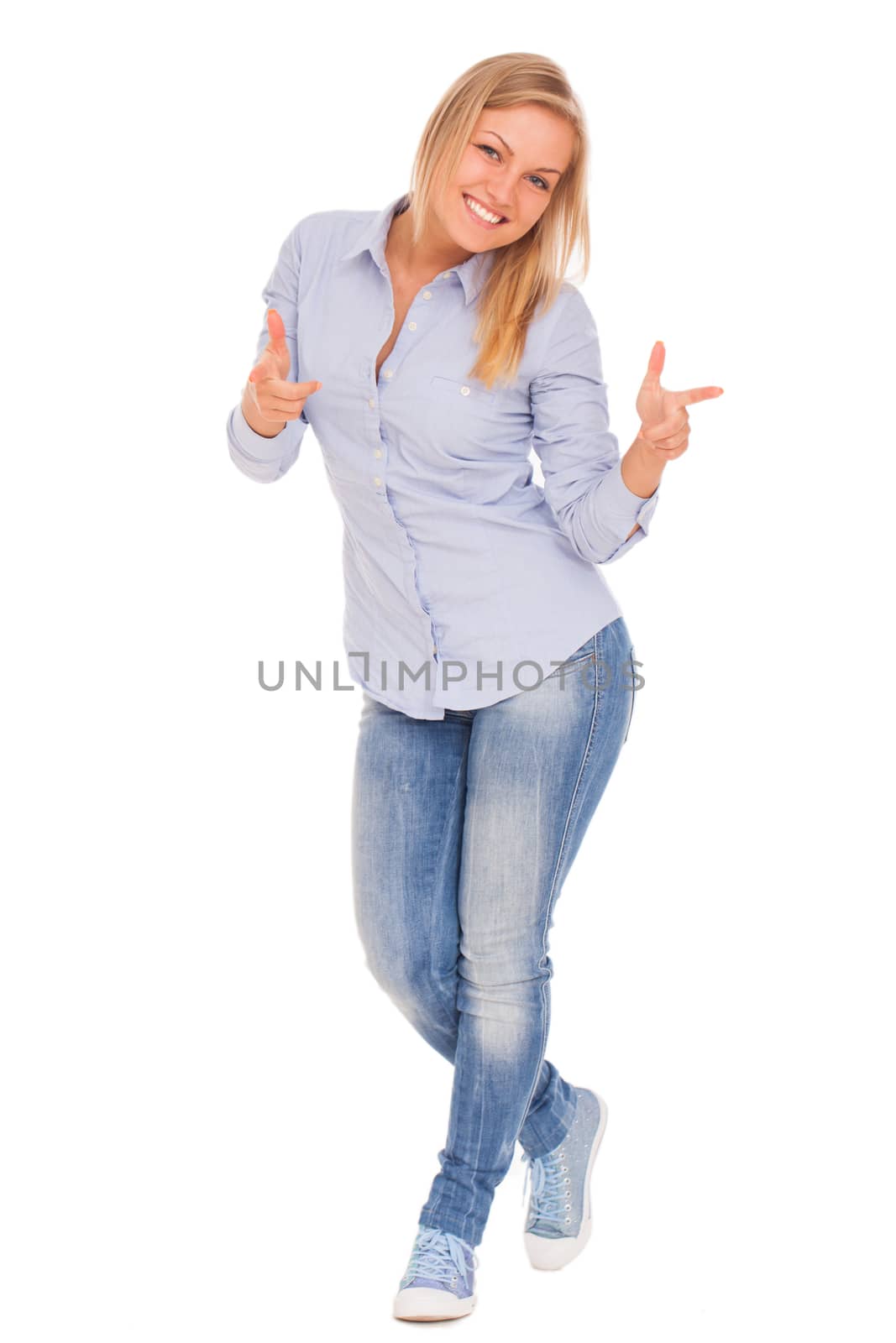 Young blond caucasian woman smiling over white background