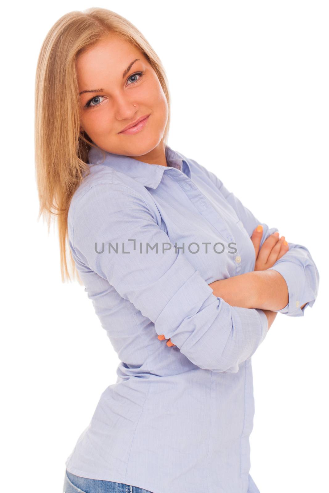 Young blond caucasian woman smiling over white background