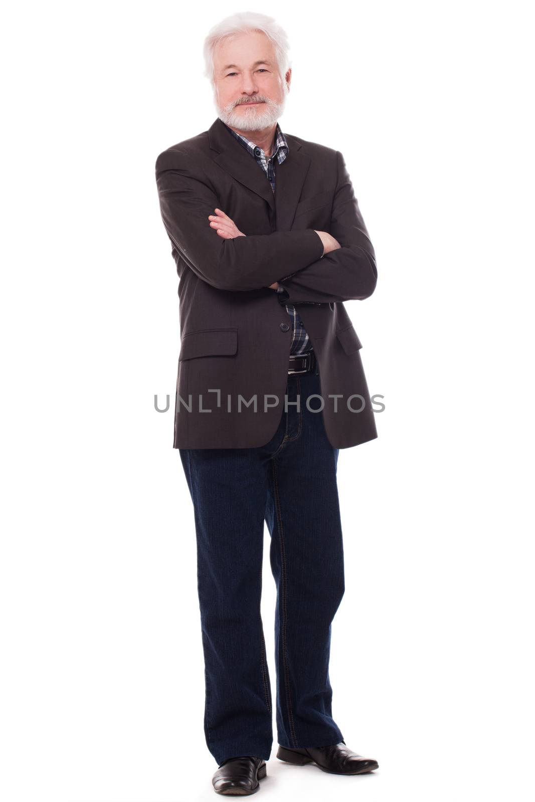 Handsome elderly man with grey beard isolated over white background