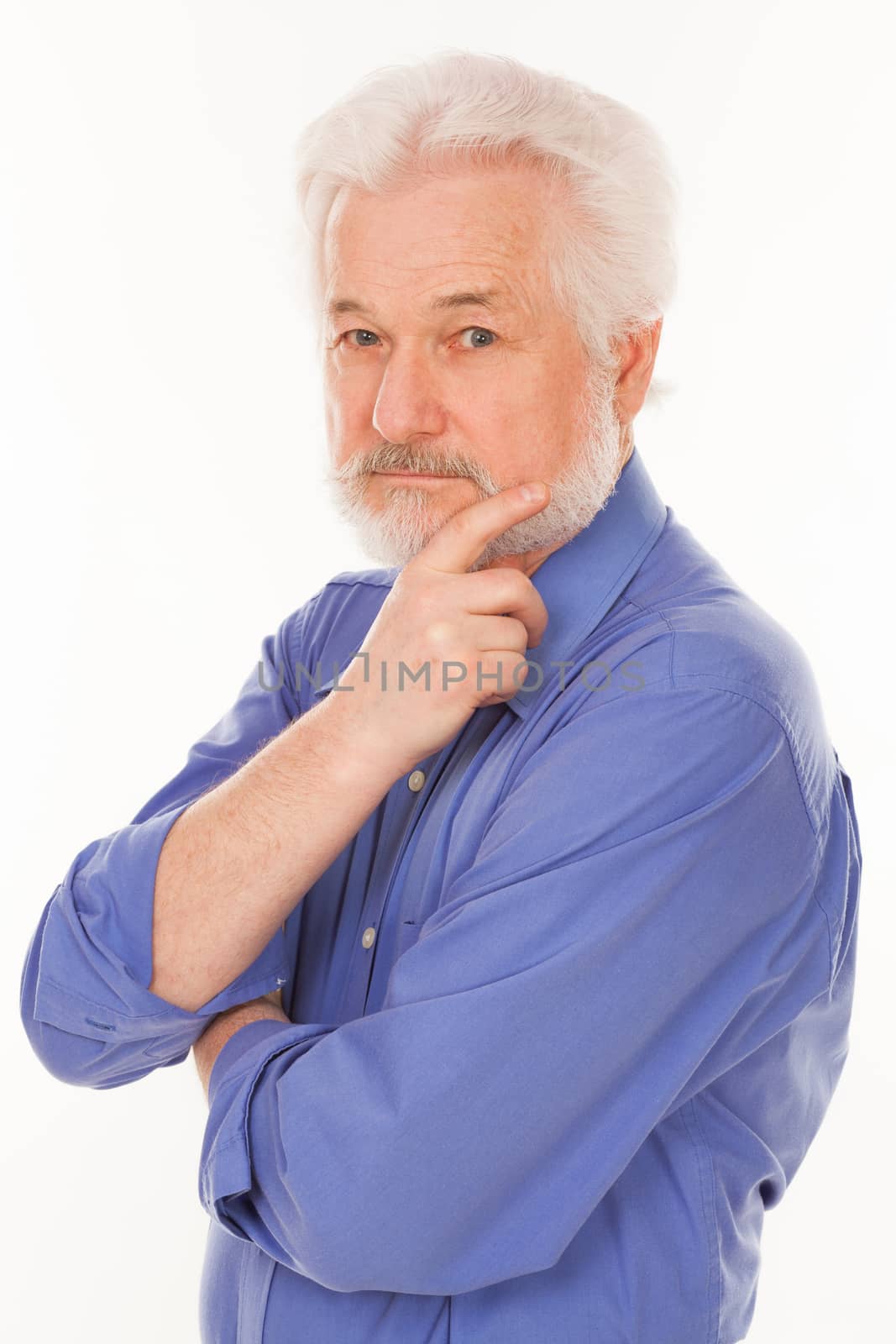 Handsome elderly man with gray beard thoughtful isolated over white background