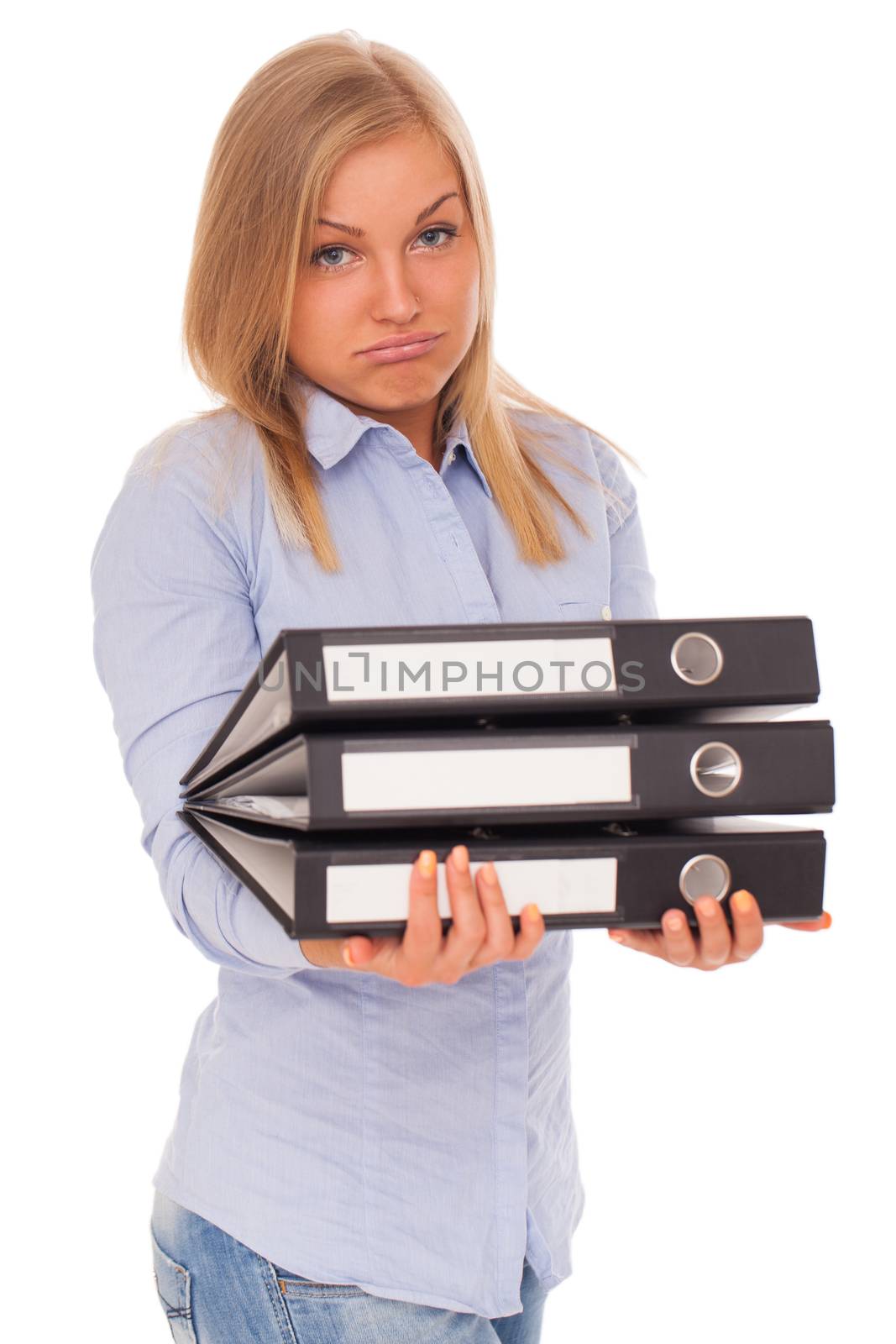 Young blond caucasian woman with maps over white background