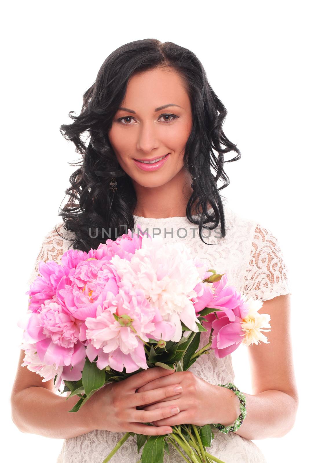 Portrait of beautiful young woman with peonies bouquet on a white background