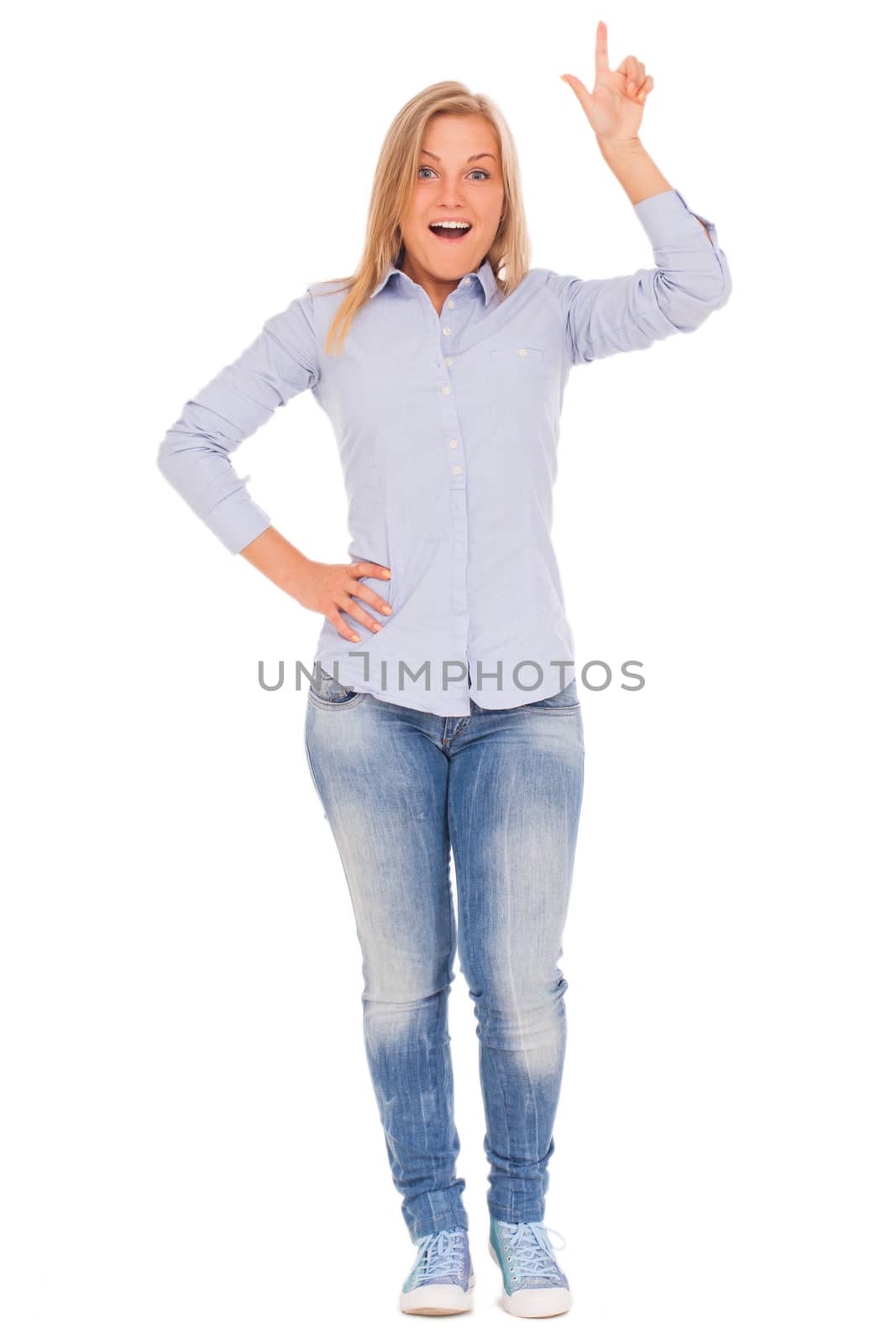 Young blond caucasian woman smiling over white background