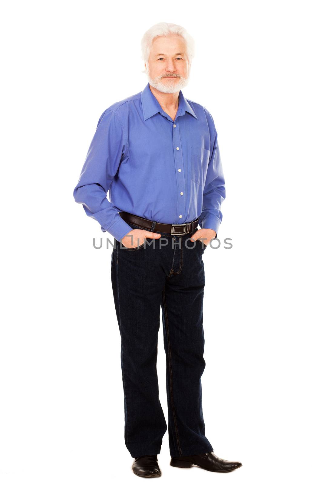 Handsome elderly man with beard isolated over white background