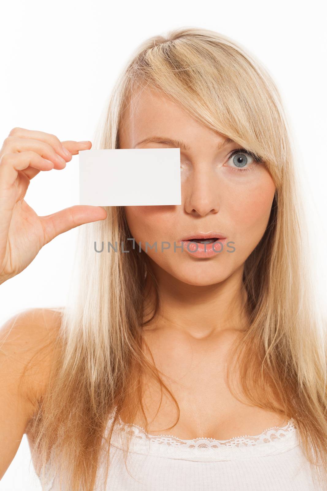 Young attractive woman with empty card isolated over white background