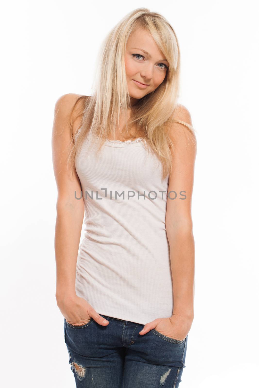 Young attractive woman posing isolated over white background