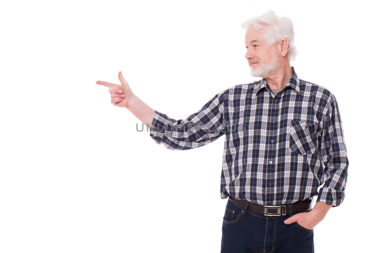 Handsome elderly man with grey beard shows on something isolated over white background