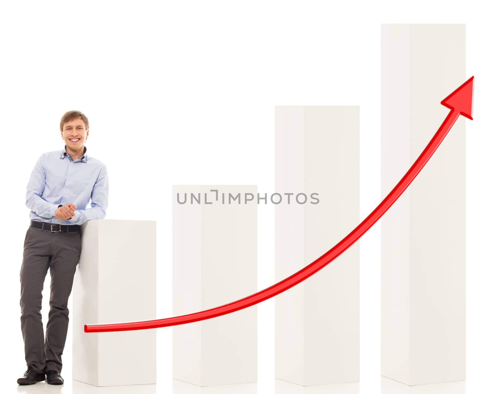 Handsome man in blue shirt and trousers stands next to a diagram that shows income