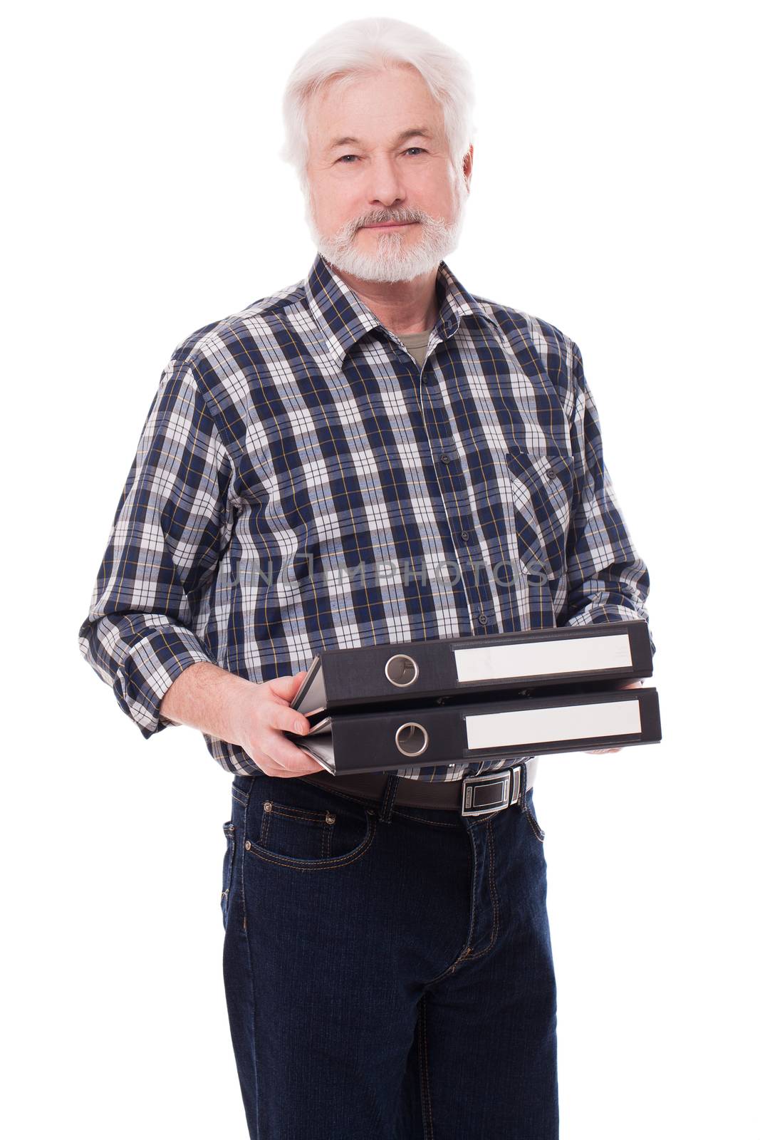 Handsome elderly man with case isolated over white background