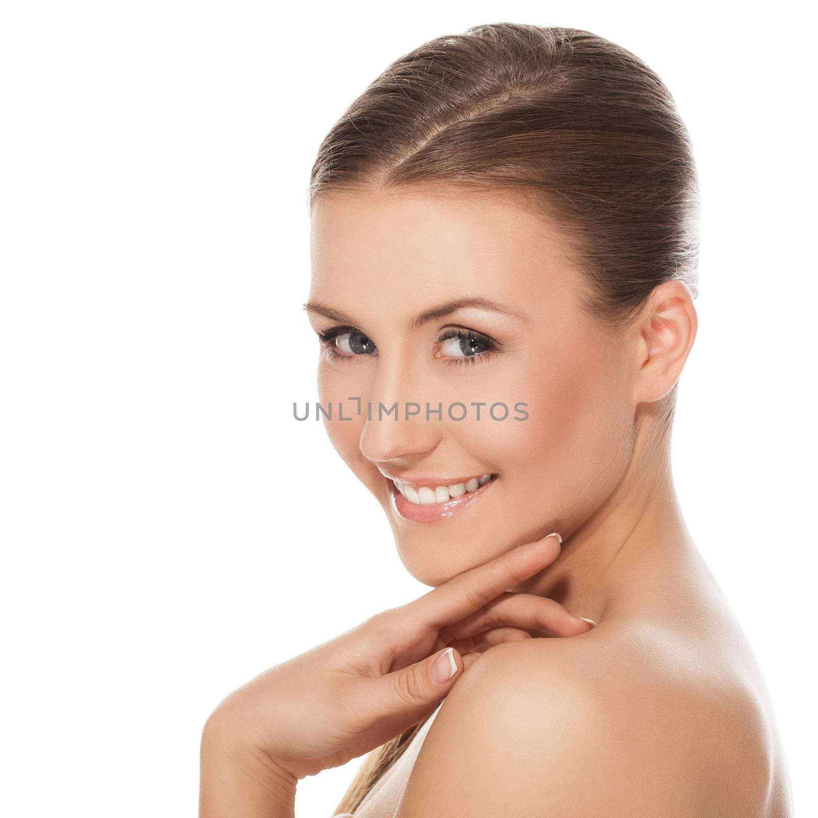 Young happy beautiful natural woman naked over white background