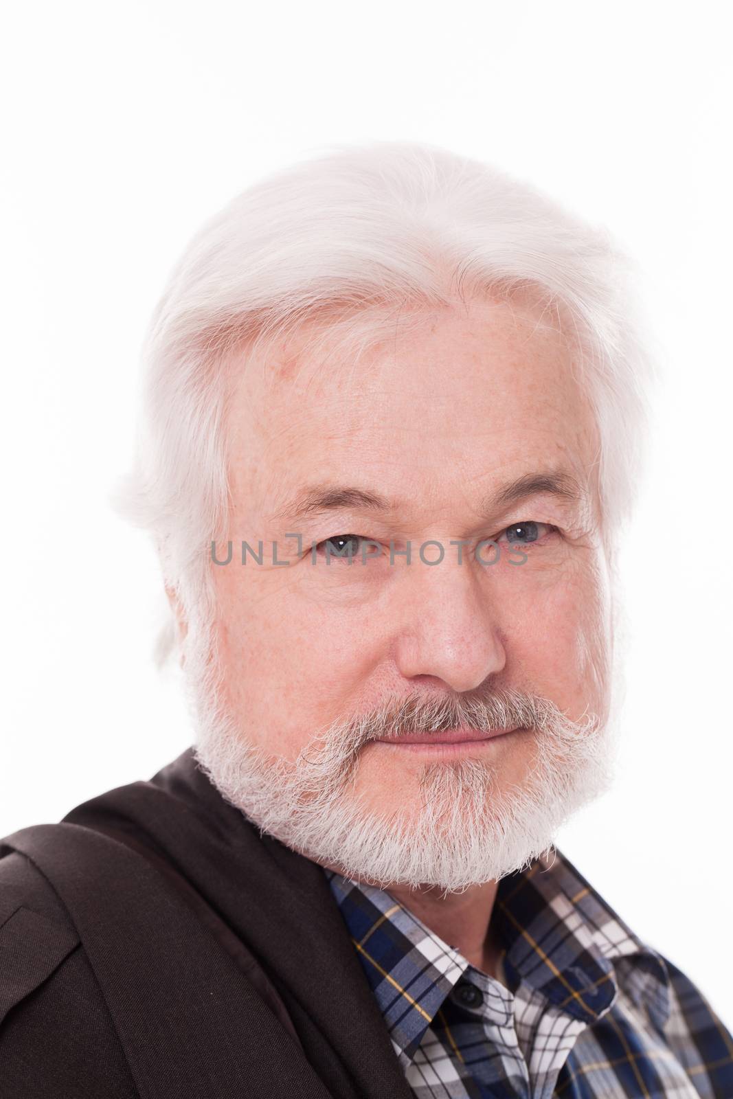Handsome elderly man with grey beard isolated over white background