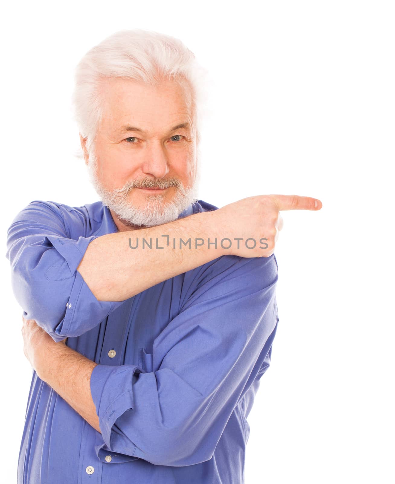 Handsome elderly man with gray beard shows on something isolated over white background