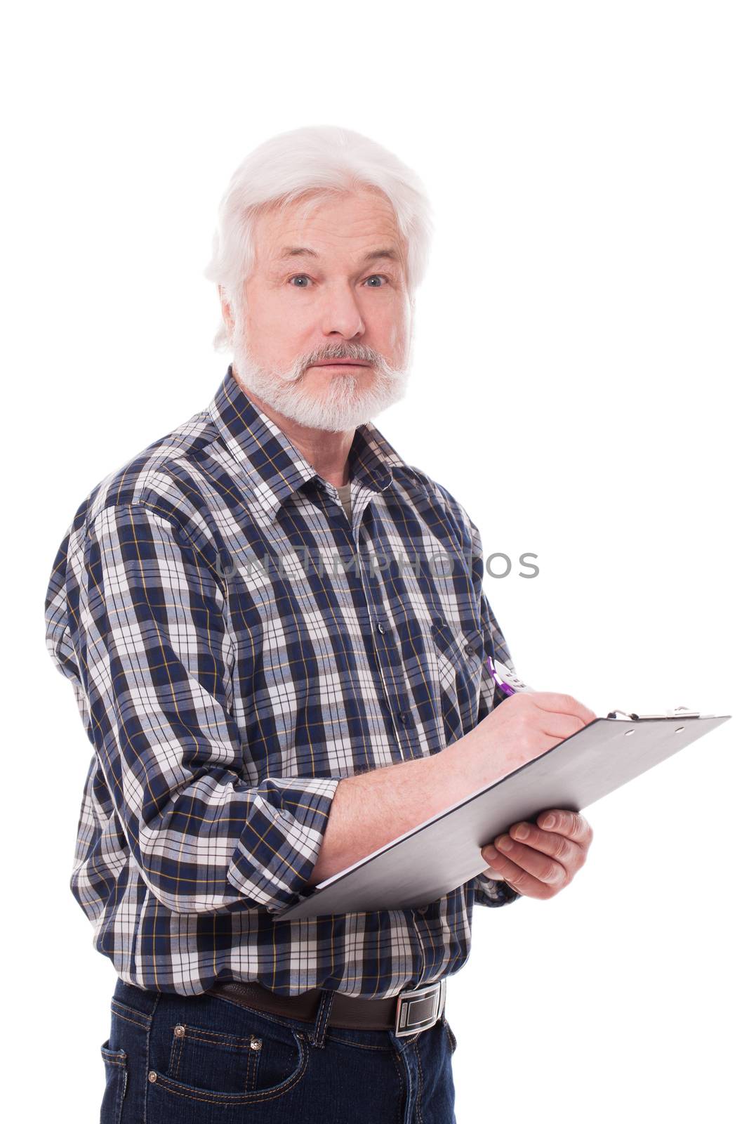 Handsome elderly man with grey beard writing isolated over white background