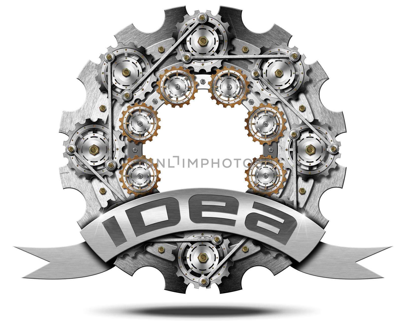 Metal icon with many gears and text idea on an metal ribbon. Isolated on white background