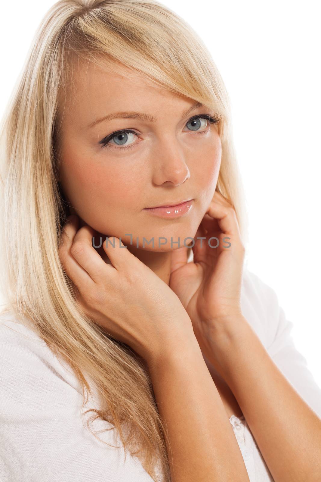 Young attractive woman posing isolated over white background