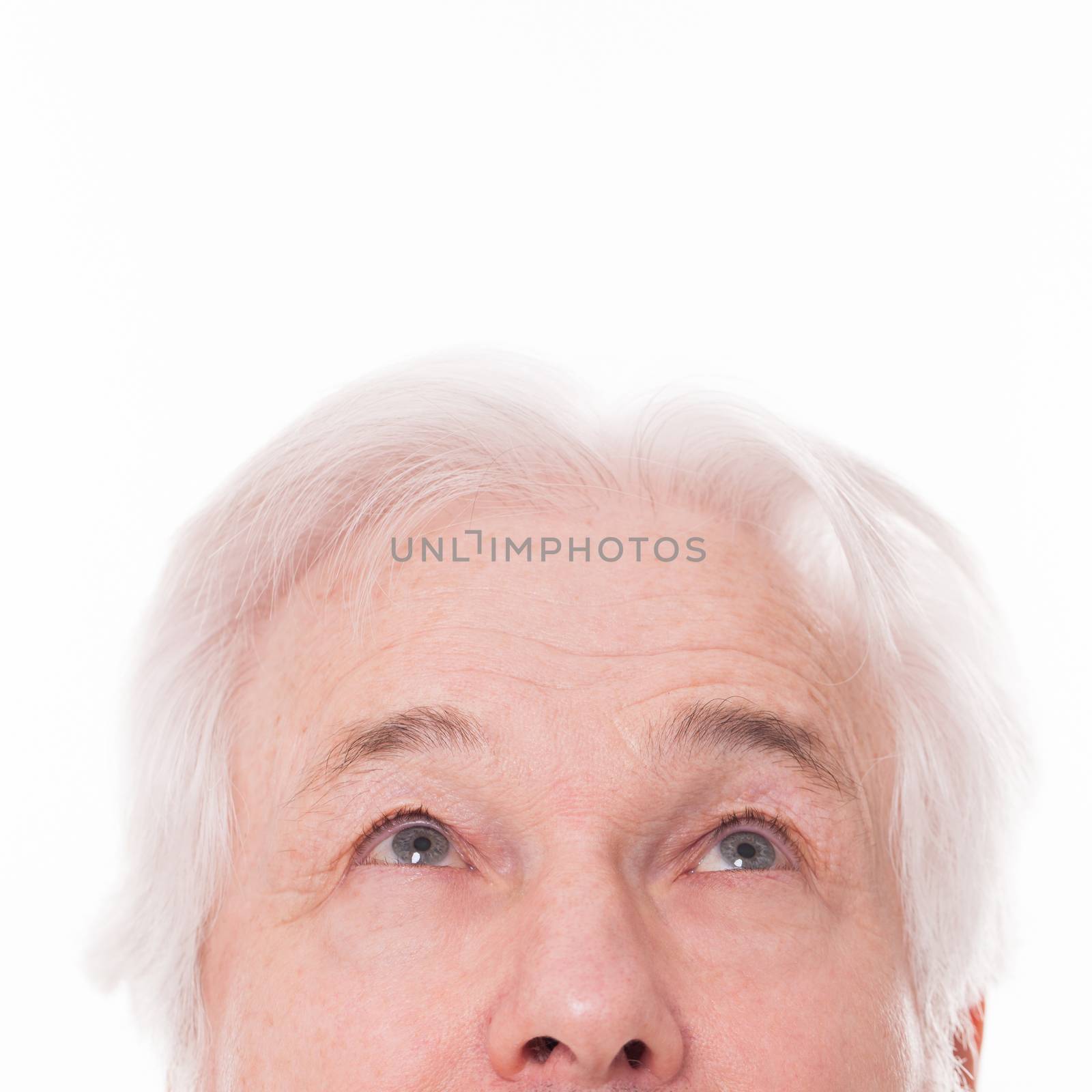 Handsome elderly man with grey beard looks up isolated over white background
