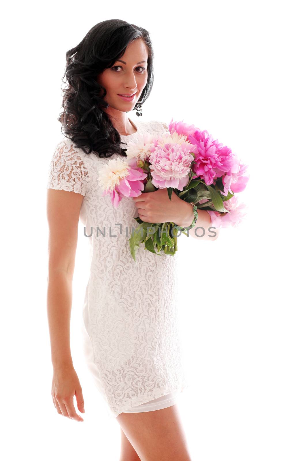 Beautiful woman with bouquet of peonies by rufatjumali