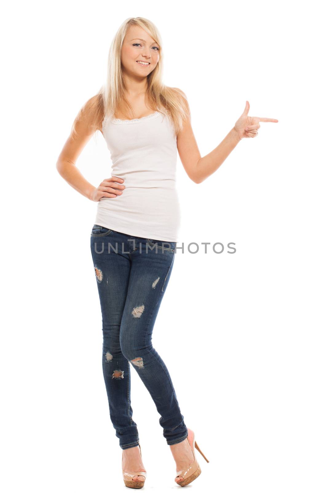 Young attractive woman shows on something isolated over white background