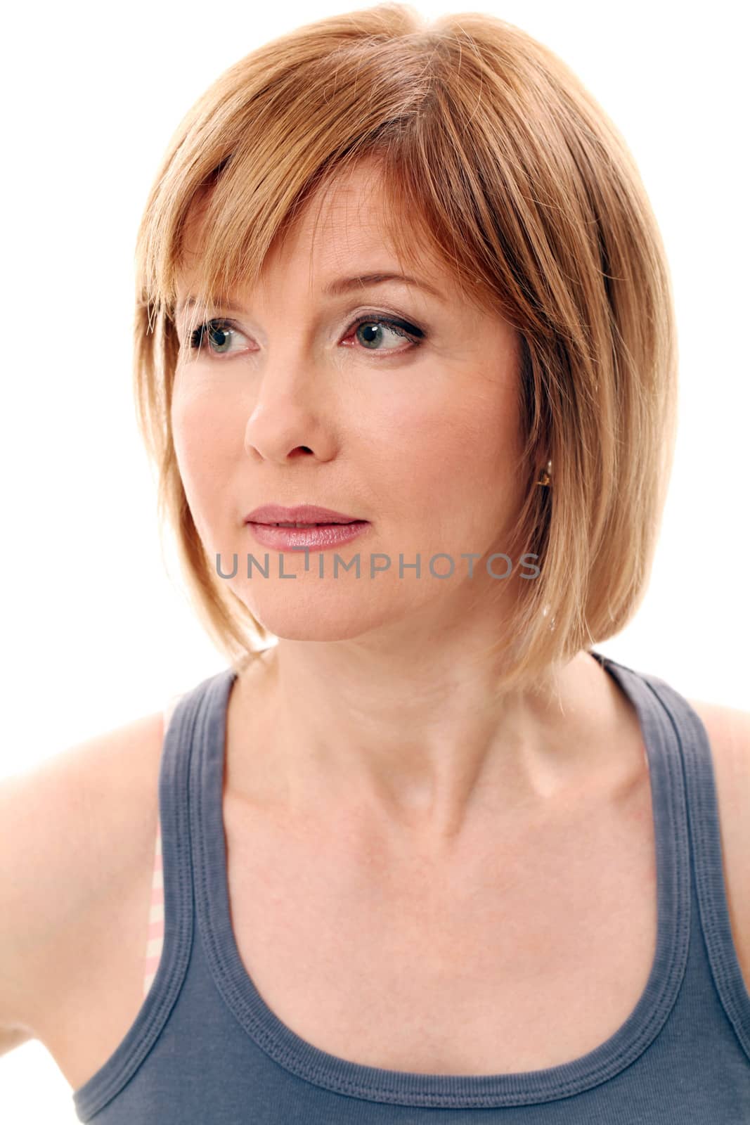 Beautiful middleaged woman with short hair on a white background