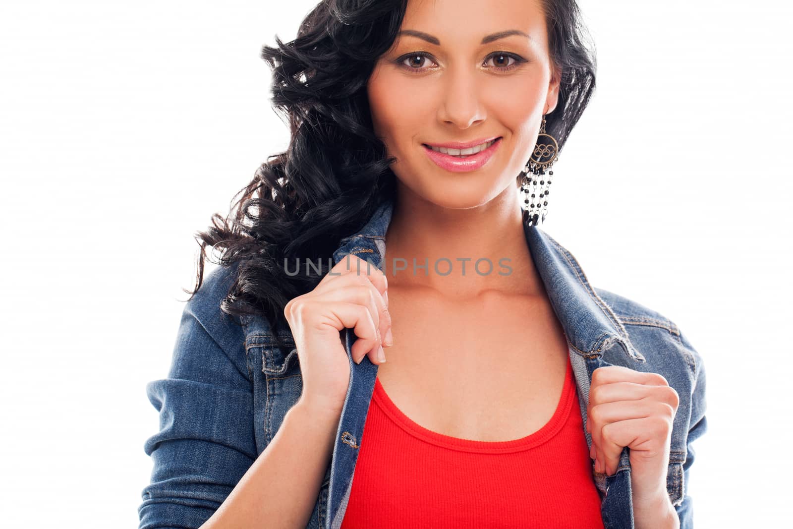 Beautiful happy caucasian young woman in bright casual clothes isolated over white background
