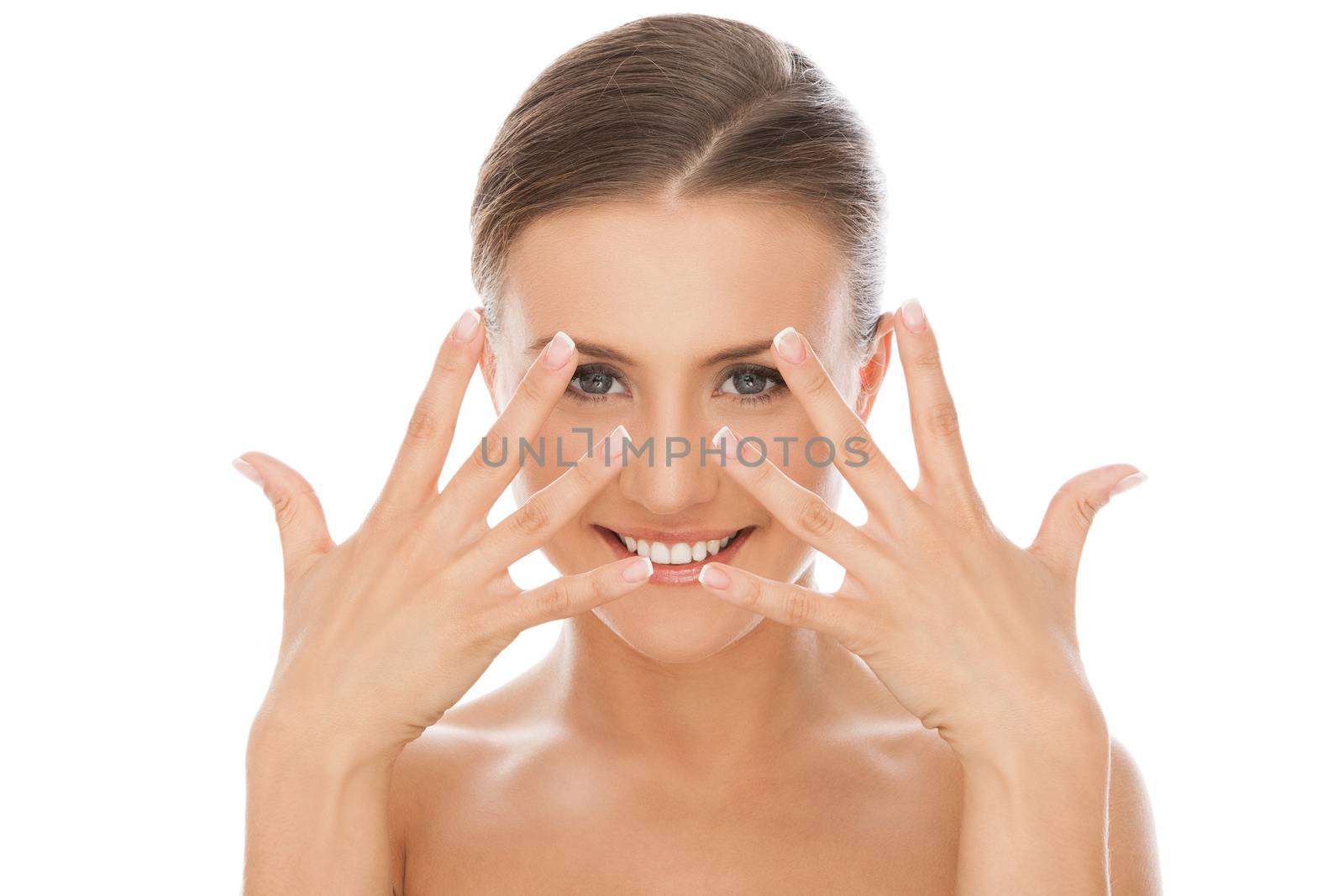 Young happy beautiful natural woman naked over white background