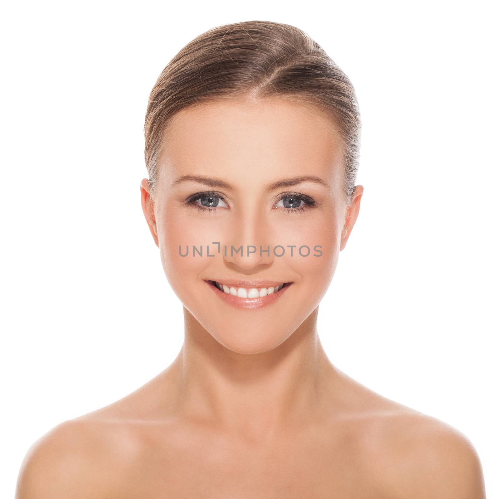Young happy beautiful natural woman naked over white background