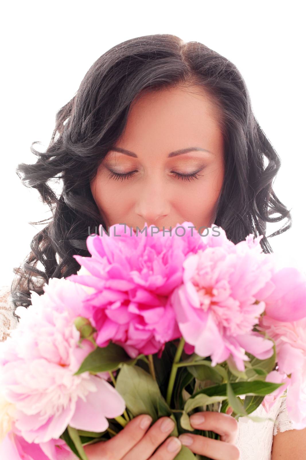 Beautiful woman with bouquet of peonies by rufatjumali