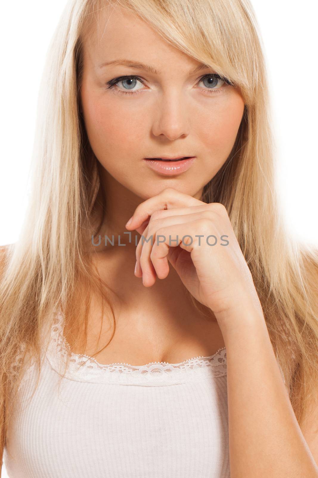 Young attractive woman posing isolated over white background