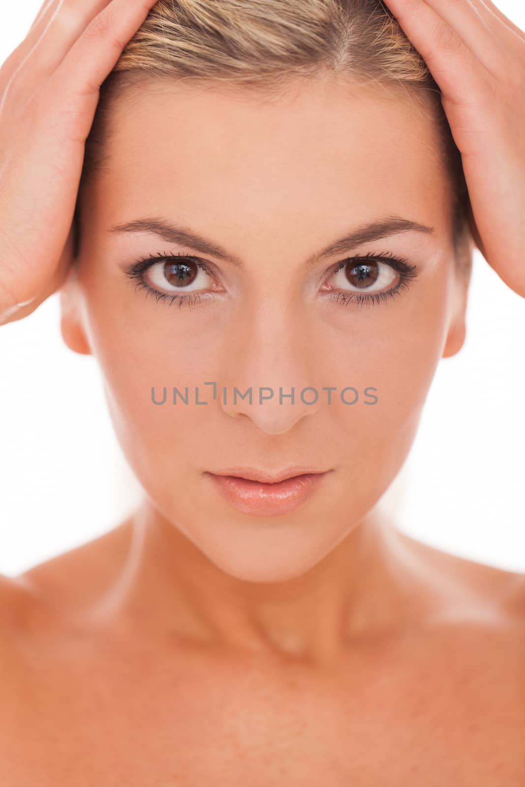 Closeup portrait of beautiful caucasian woman with day makeup