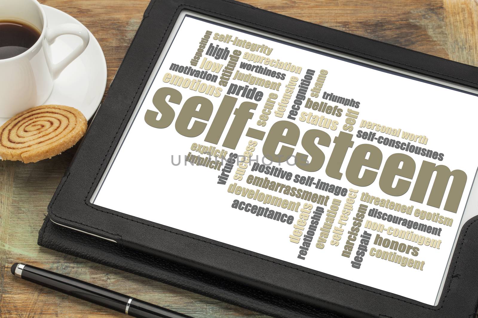 self-esteem word cloud on a digital tablet with cup of coffee