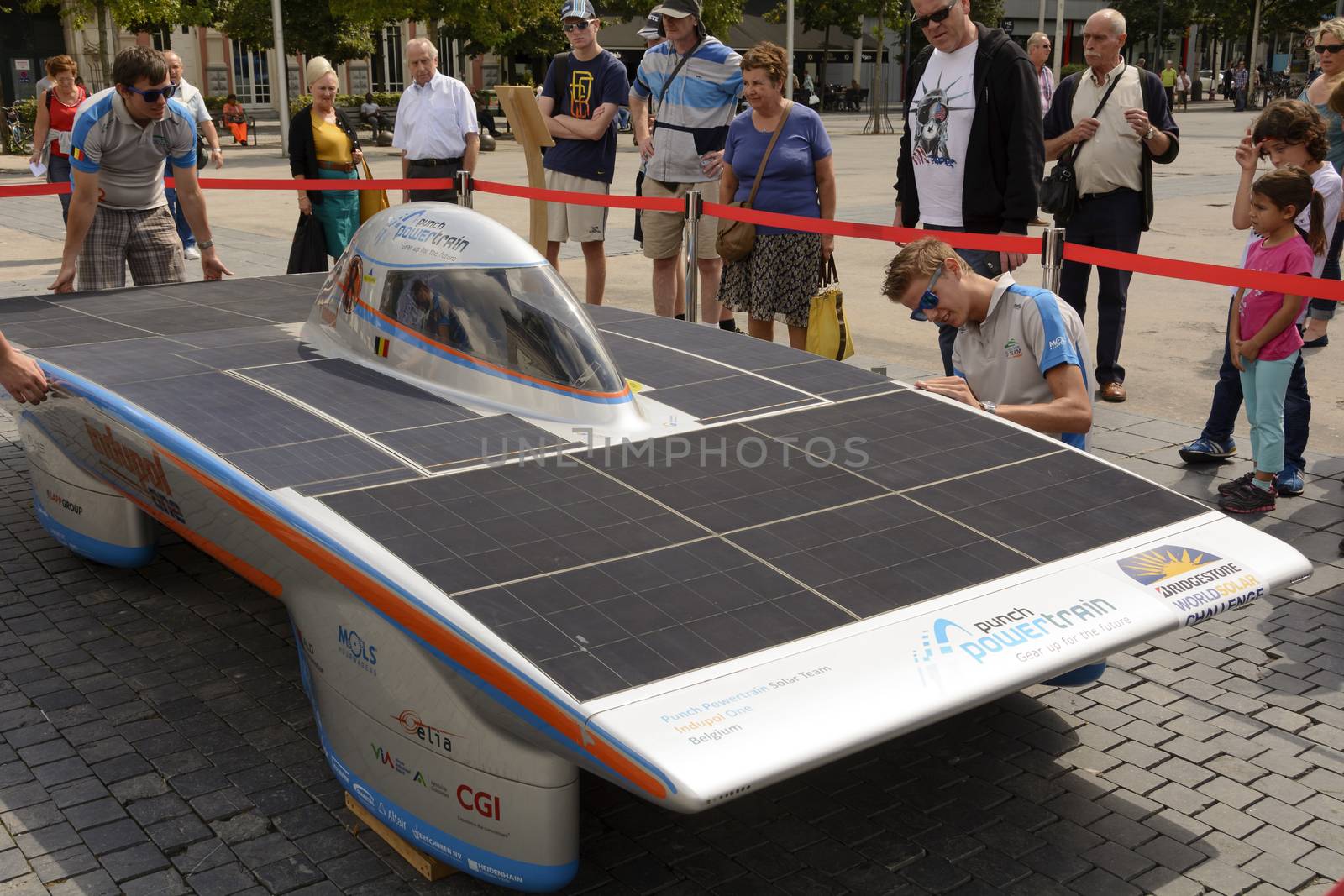 Antwerp, Belgium - August 9, 2014: The Belgian solar-powered vehicle that took part at the Antwerp exposition Solar Tour Alternative Energy for Mobility Zero Emission. On August 9, 2014. Belgium.