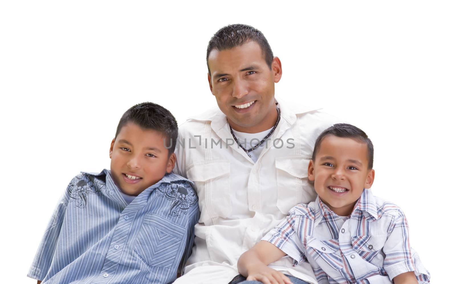 Handsome Hispanic Father and Sons Isolated on a White Background.