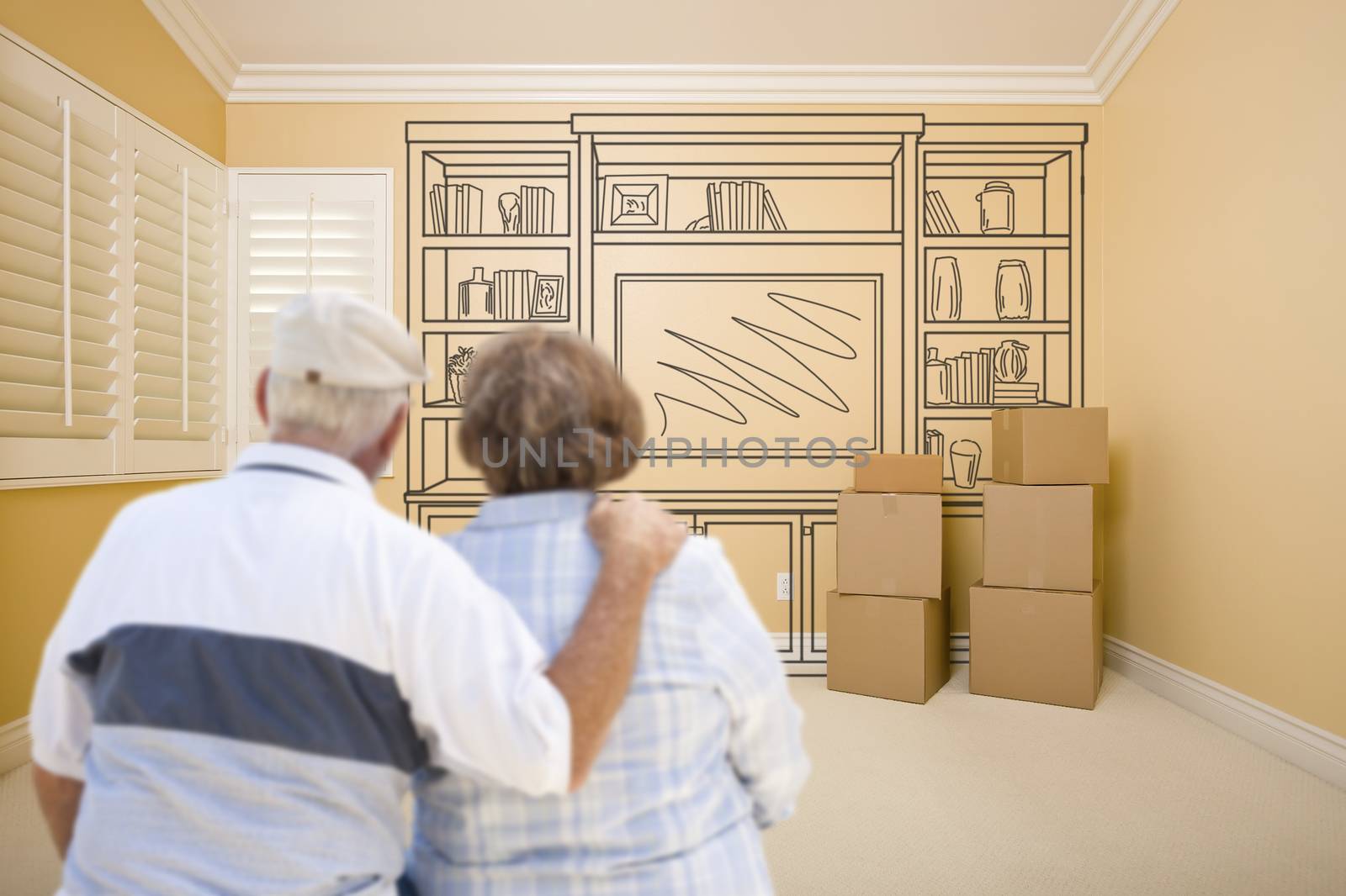 Senior Couple In Empty Room with Shelf Drawing on Wall by Feverpitched