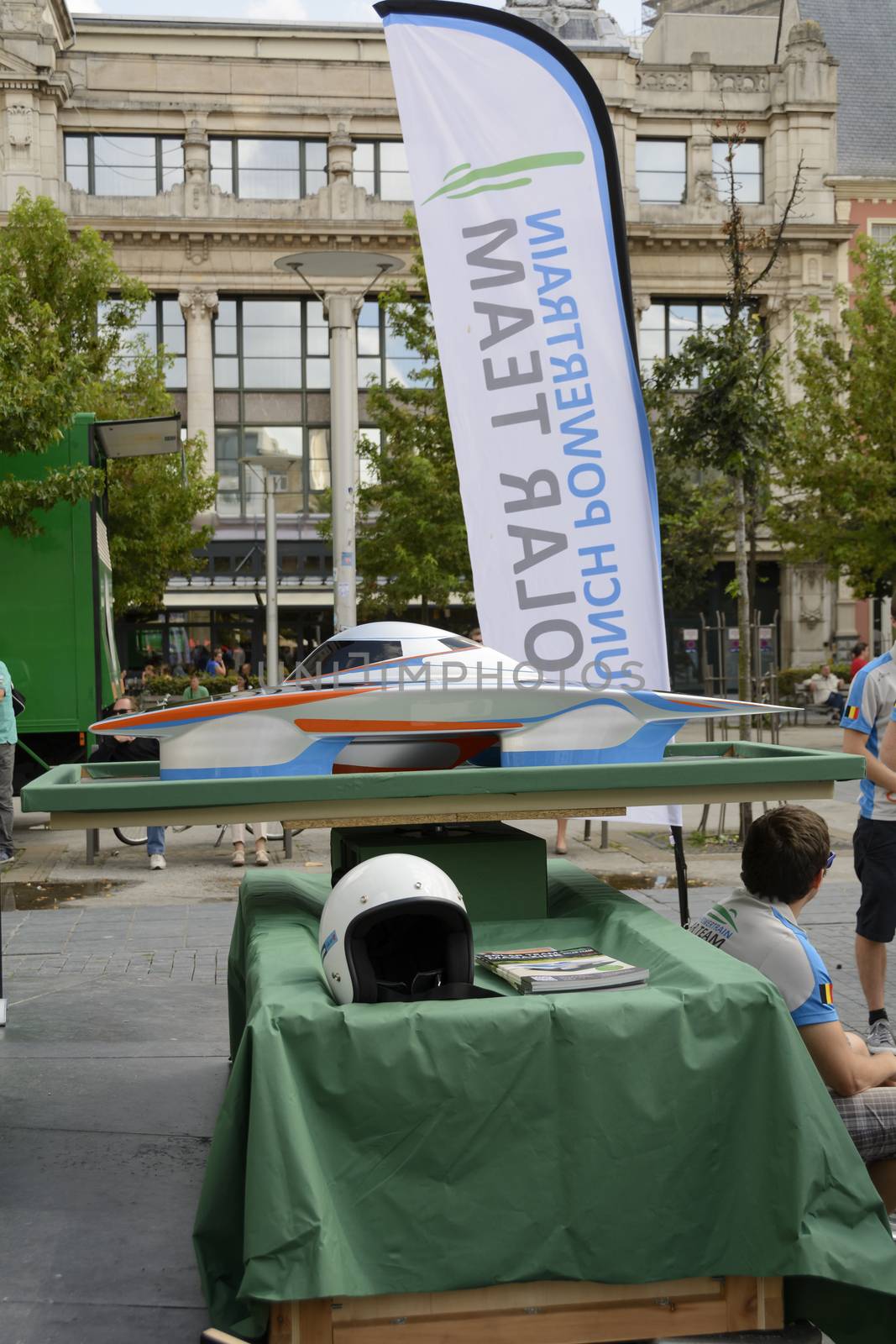 Antwerp, Belgium - August 9, 2014: The Belgian solar-powered vehicle that took part at the Antwerp exposition Solar Tour Alternative Energy for Mobility Zero Emission. On August 9, 2014. Belgium.