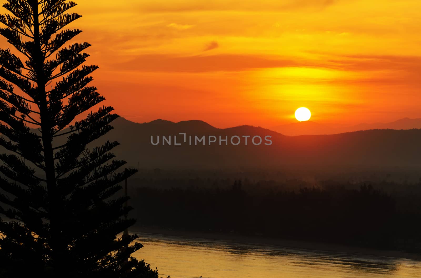 Top view sunset over mountain range at Ban Krut beach in Prachuap Khiri Khan province, Thailand
