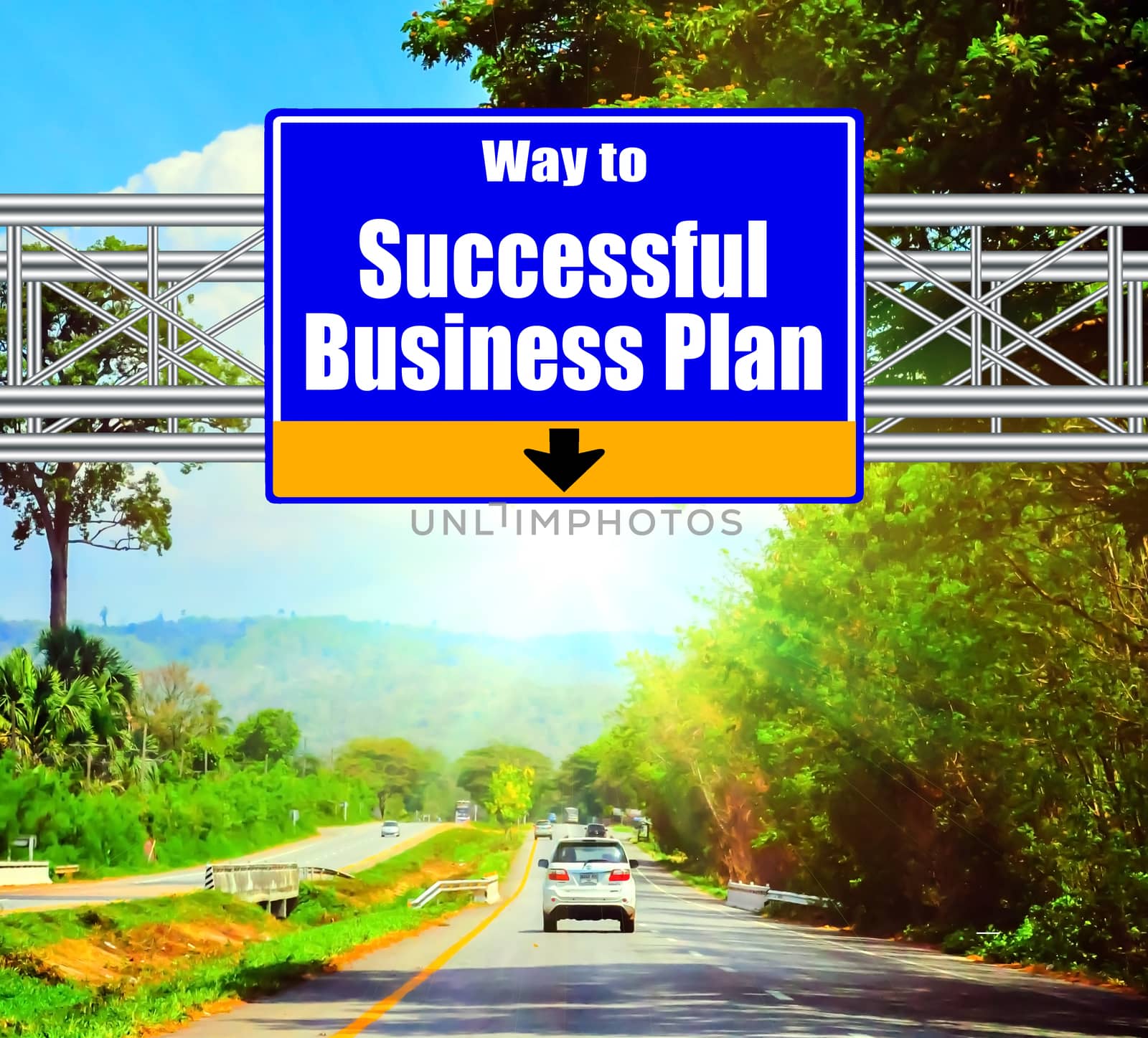 Blue Road Sign concept way to Successful Business Plan and landscape background.