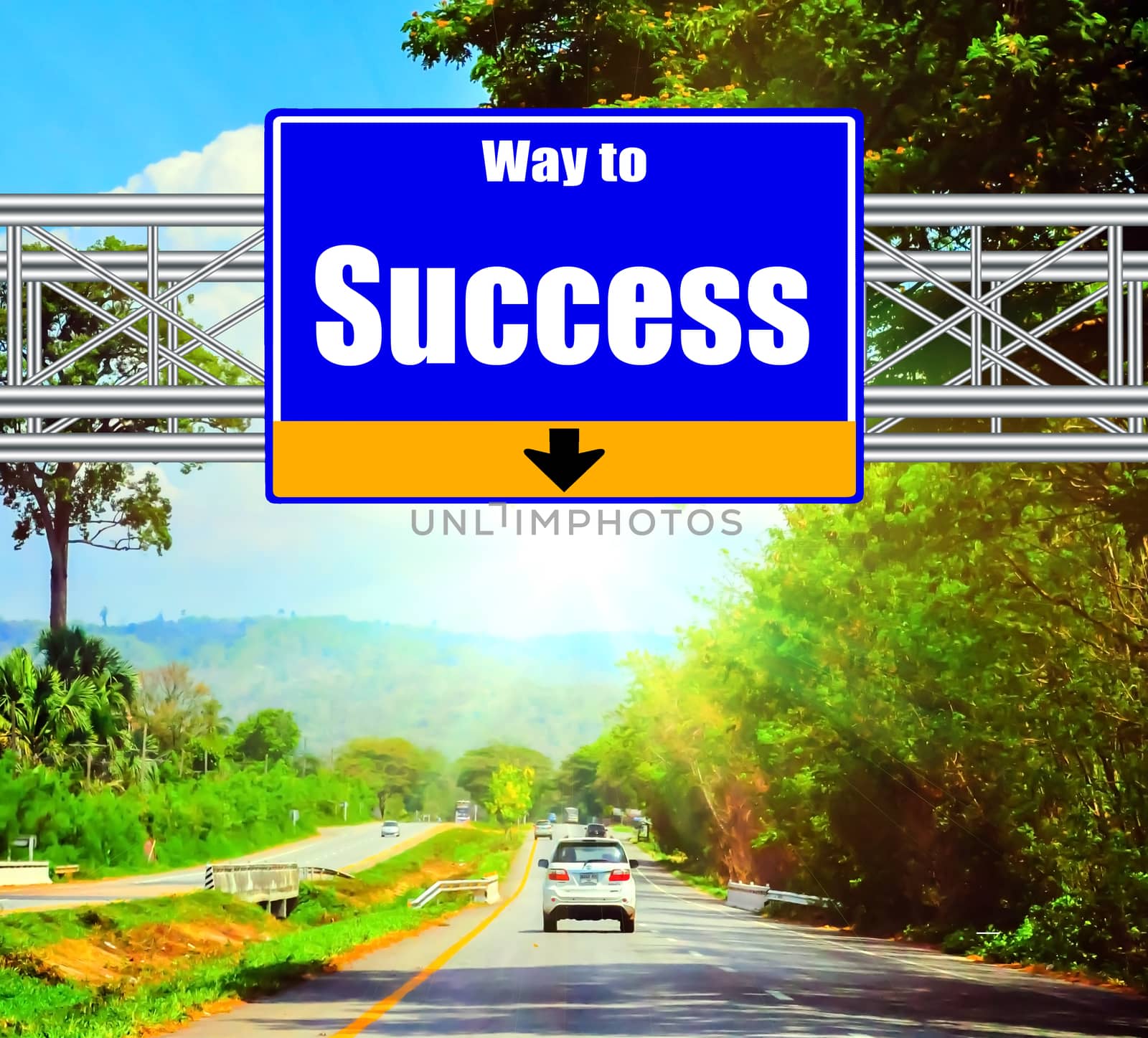 Blue Road Sign concept way to Success and landscape background.