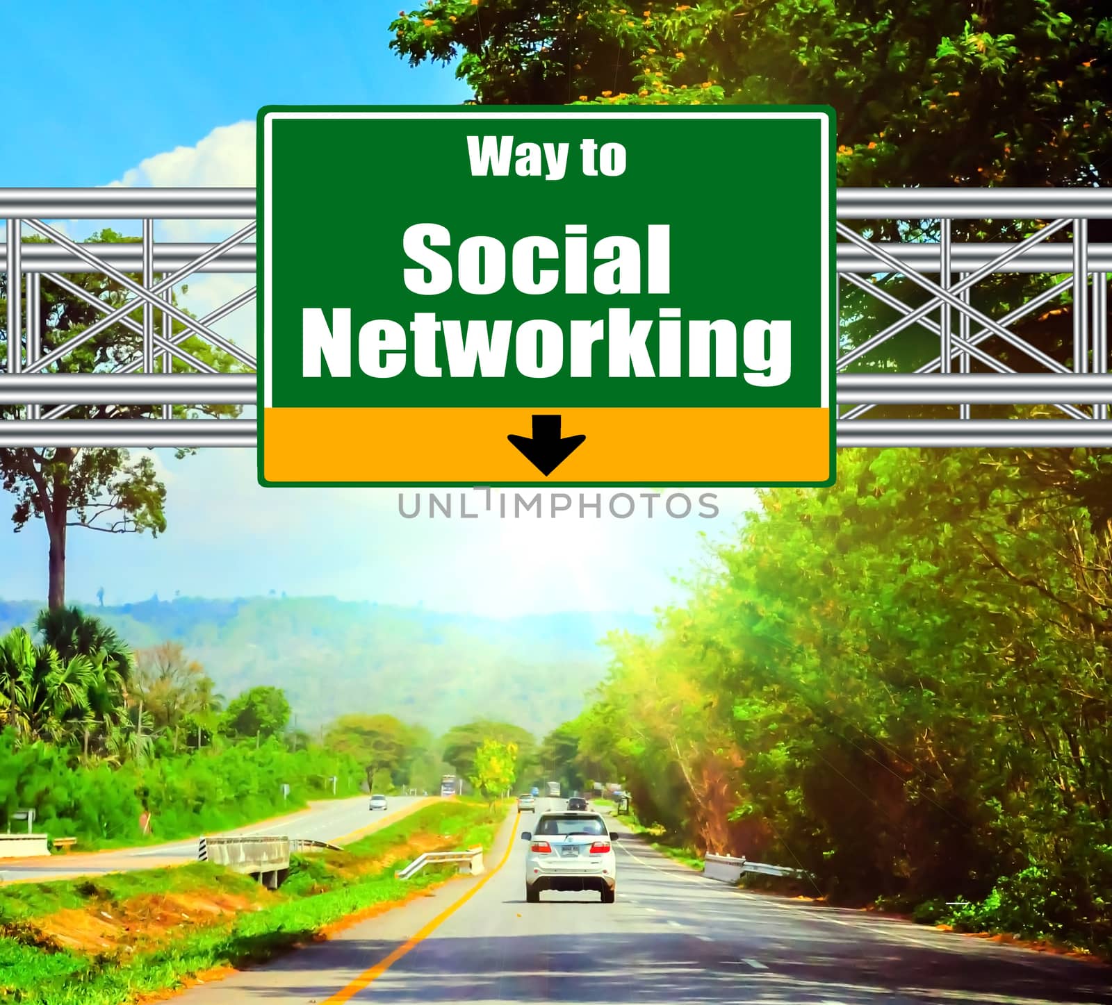 Green Road Sign concept way to Social Networking and landscape background.