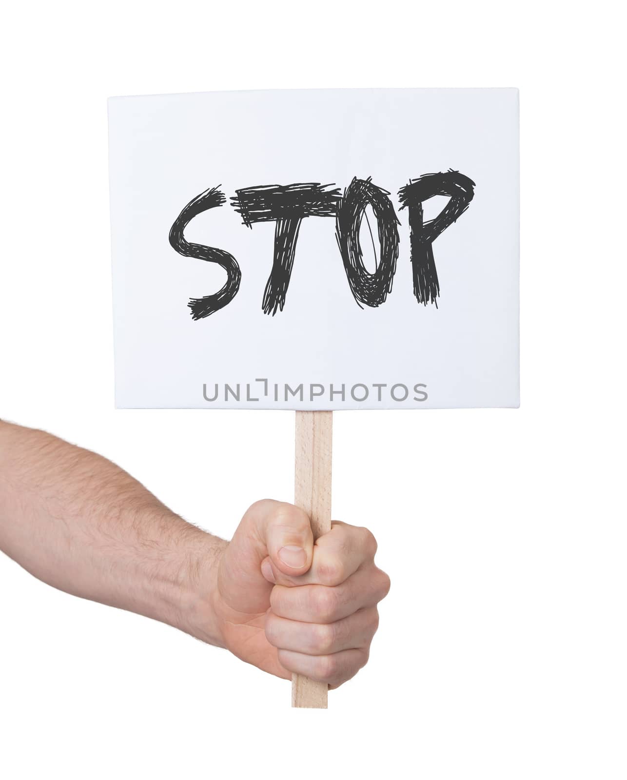 Hand holding sign, isolated on white - Stop