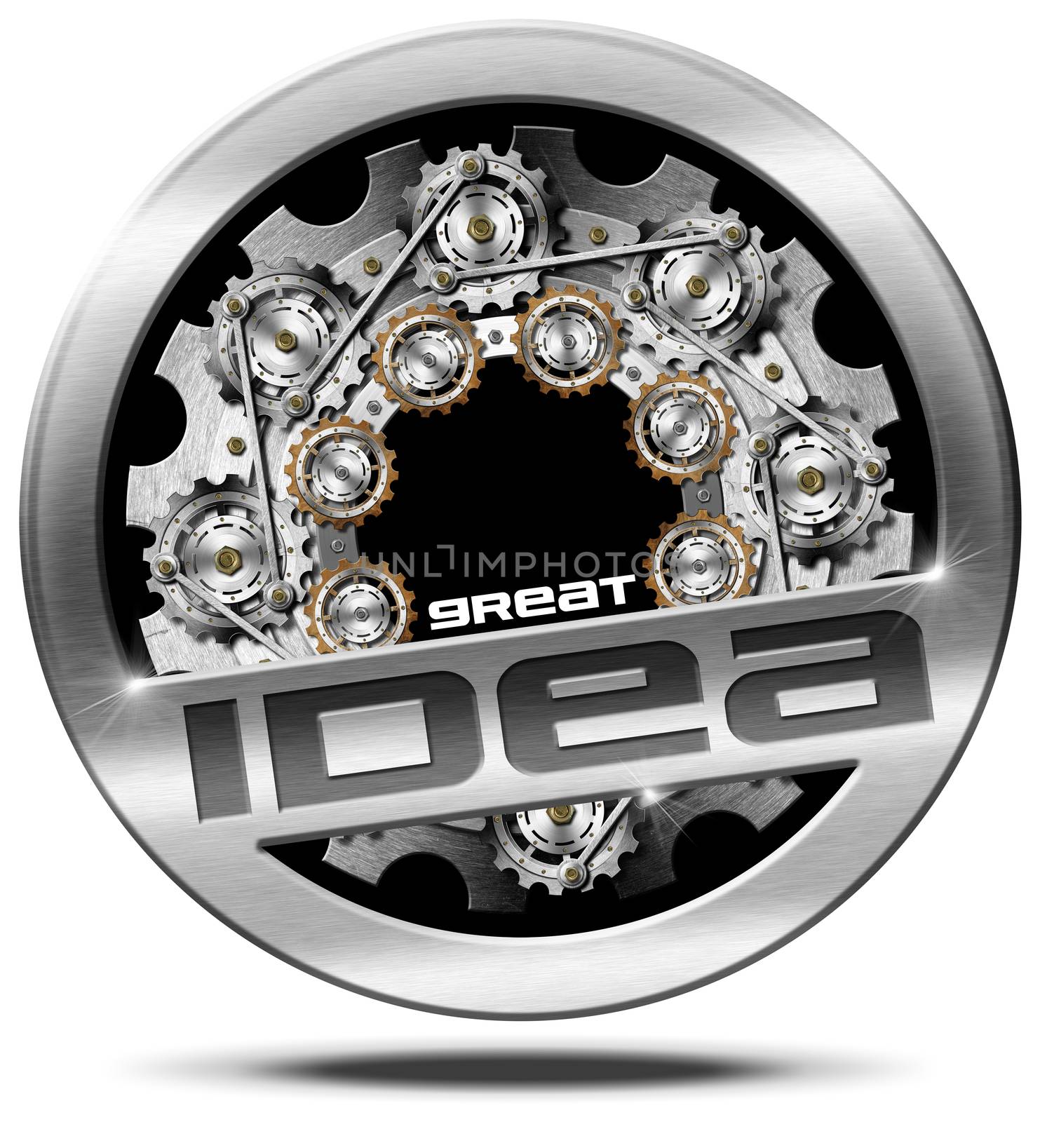 Round Metallic icon with many gears and text great idea. Isolated on white background